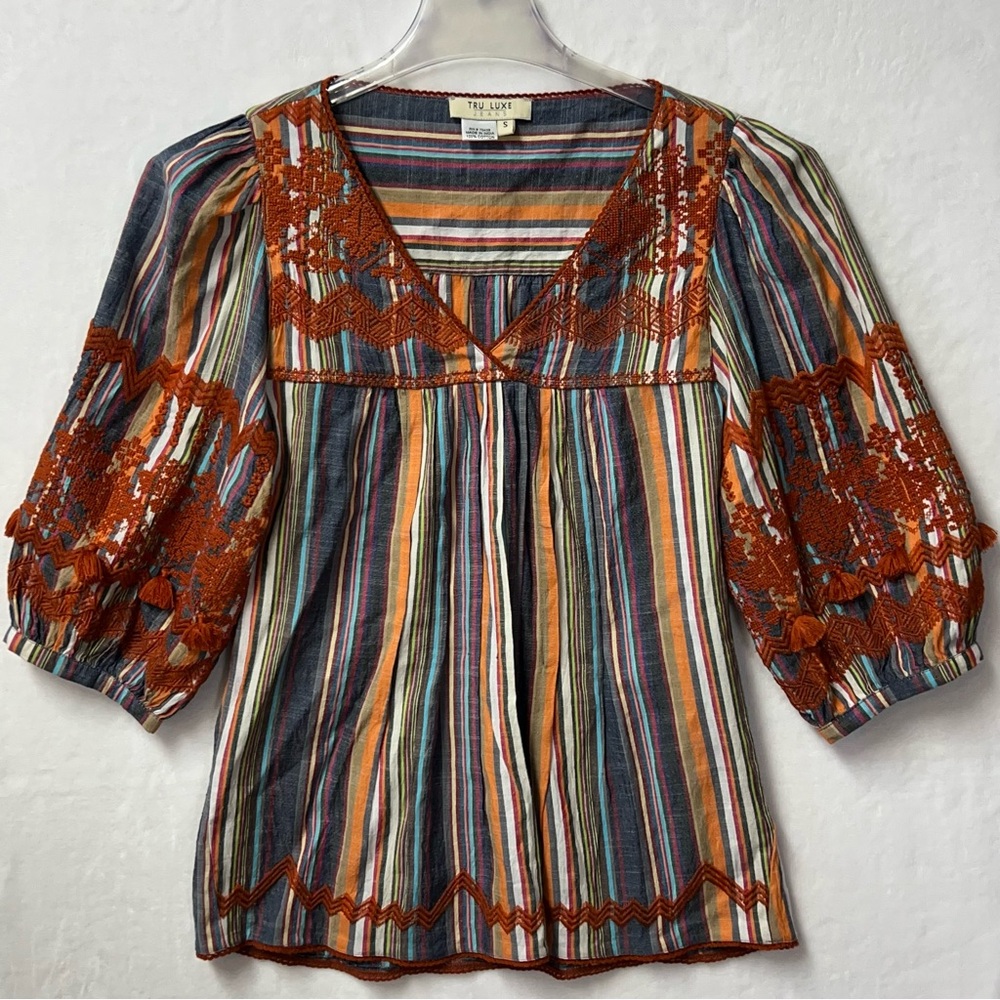 Tru Luxe Jeans Embroidered 100% Cotton Tunic Top Small Boho Embroidery